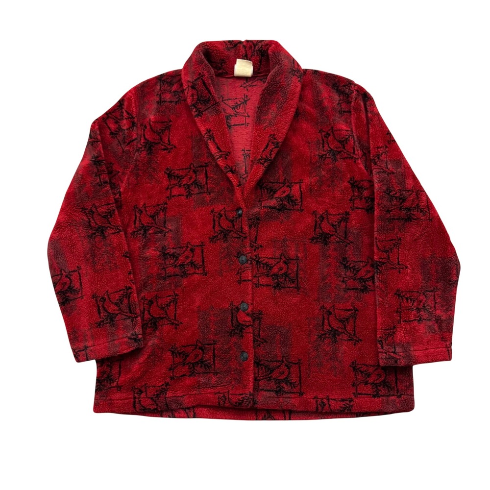 Vintage Artisans Designs Cardinal Bird Nature Fleece Button Jacket USA Made XL